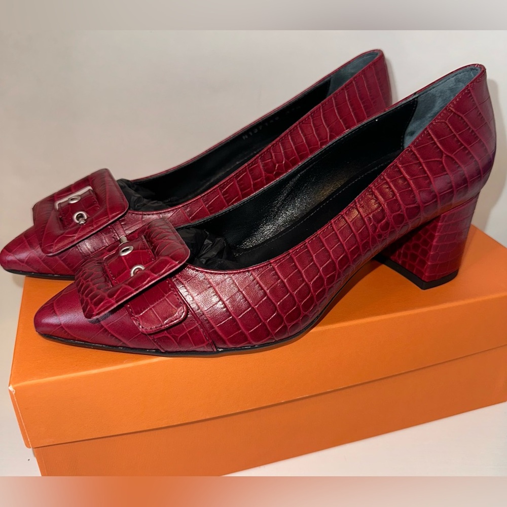 New AGL Attilio Giusti Italy dark red Croc pointy buckle Pumps Heels Shoes 37.5